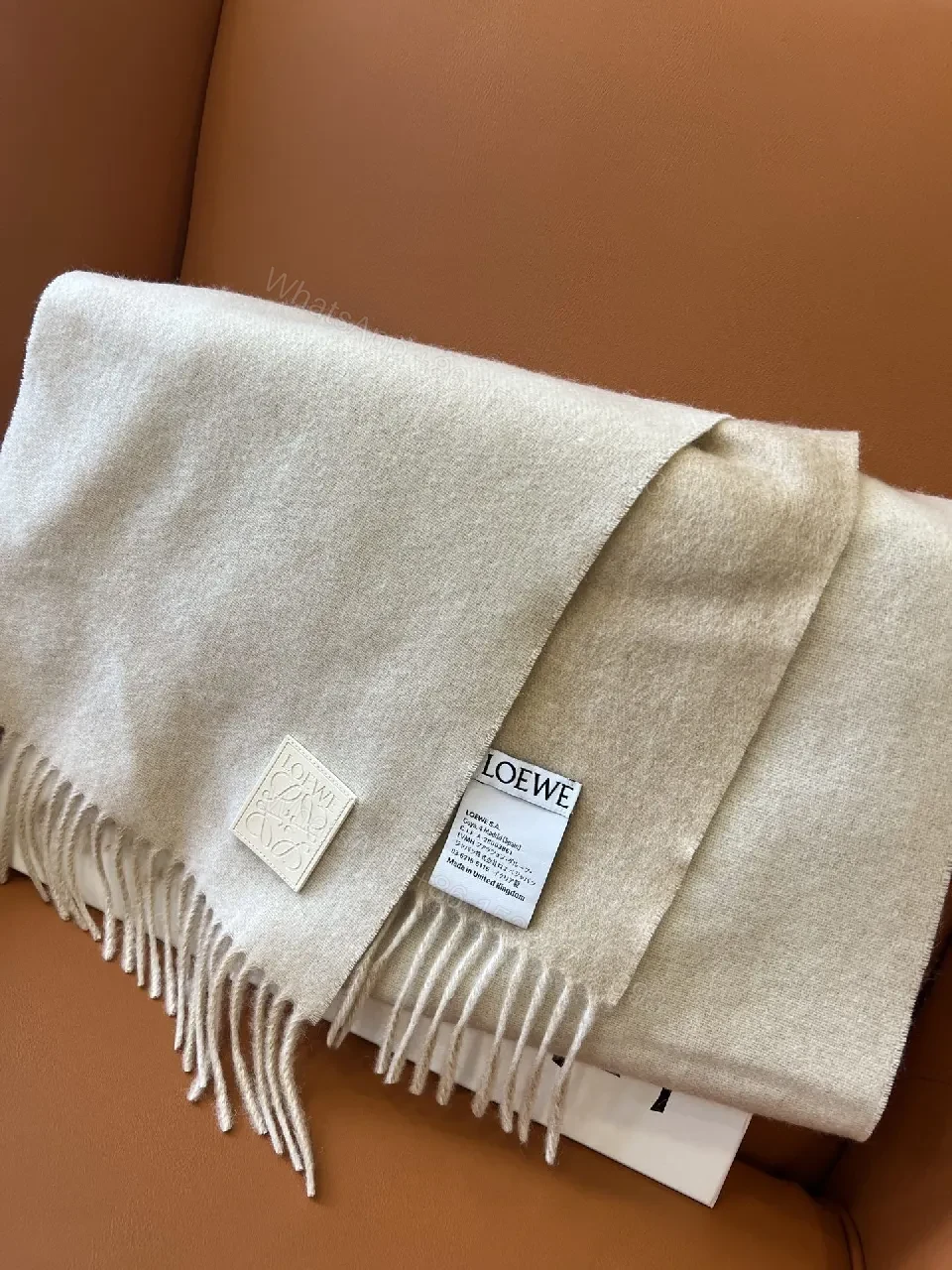 View 6 of Neutral Wool-Blend Scarf: Subtle Pattern, Elegant Fringe
