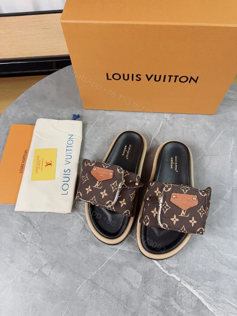 View 2 of Brown Monogram Leather-Trim Slides: Everyday Luxury Footwear