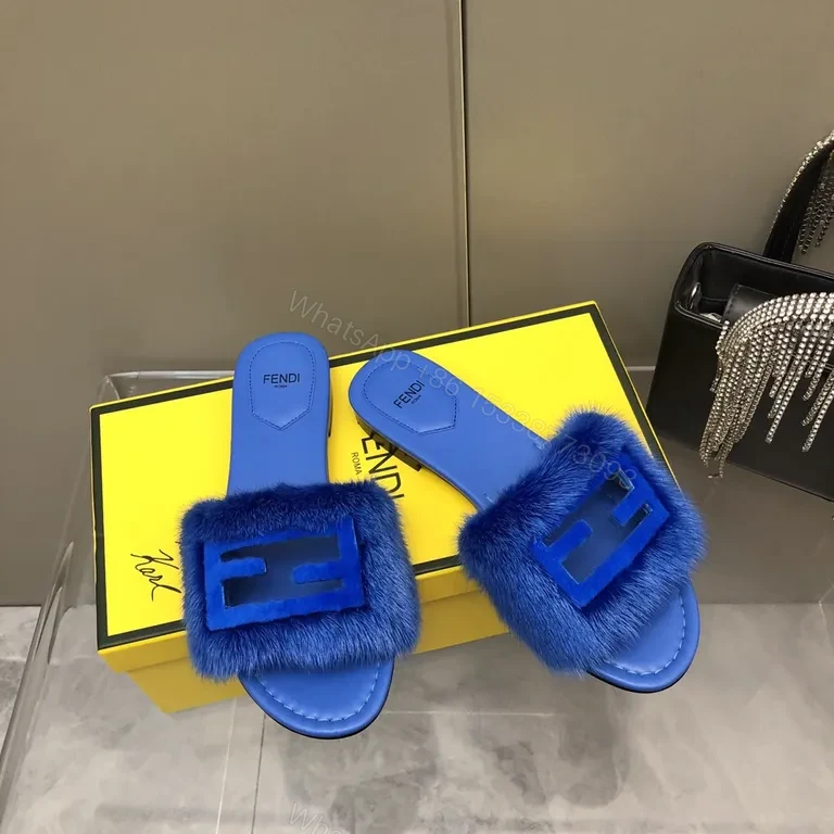 View 8 of Blue Fur-Trim Slip-On Sandals with Fendi-Inspired Hardware
