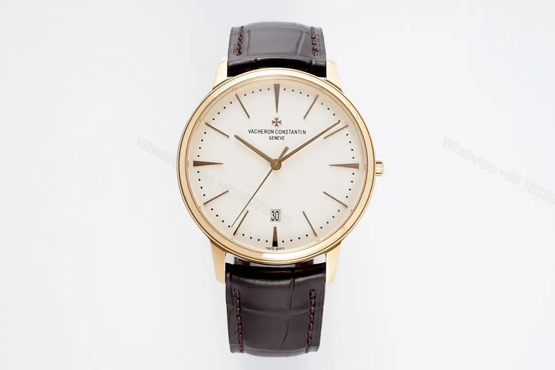 GS Factory Vacheron Constantin Patrimony 85180 Series Watch – Gold Case, White Dial, Brown Leather Strap, Minimalist Style — view 1