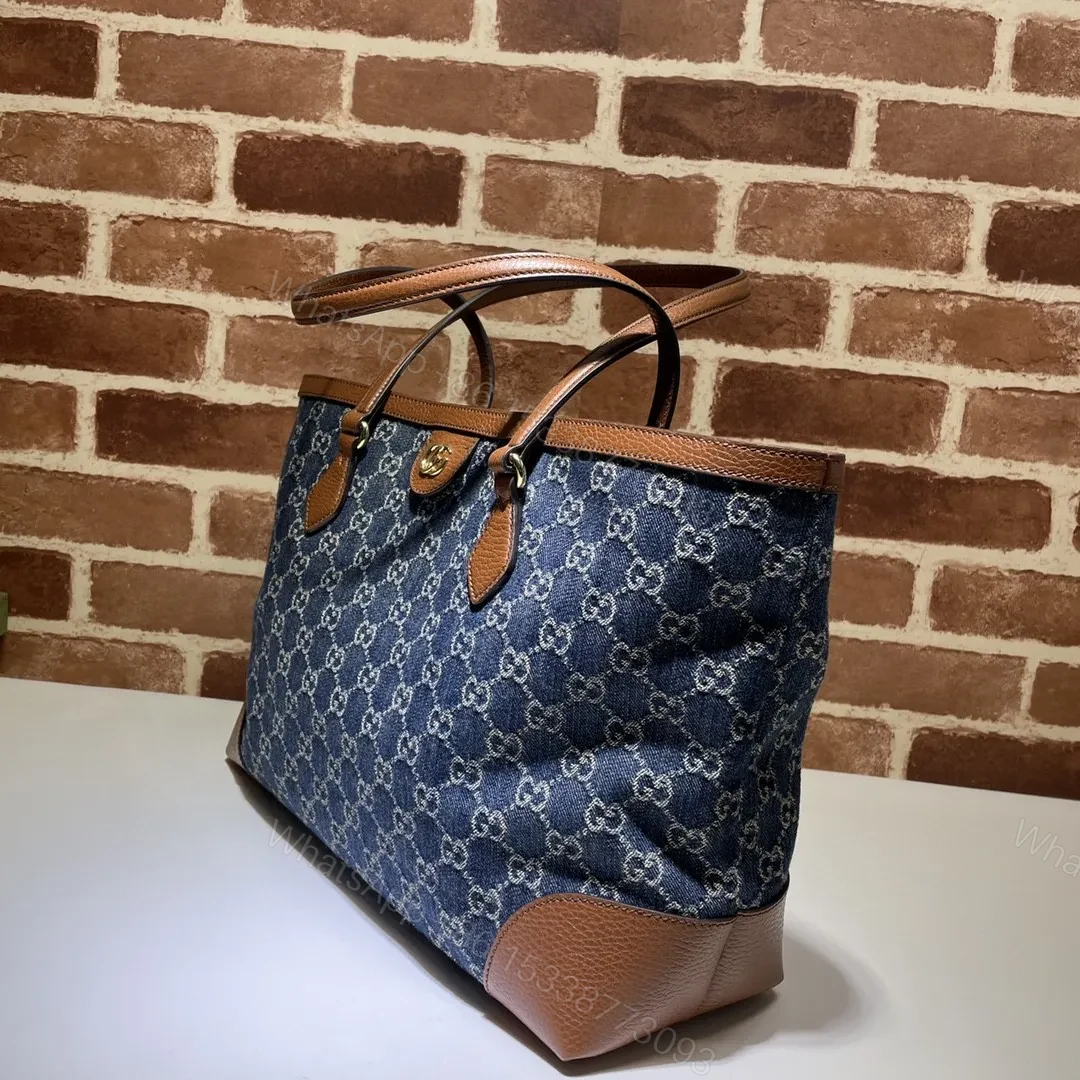 View 2 of Gucci Medium Tote GG Denim Bag Brown Navy blue Leather