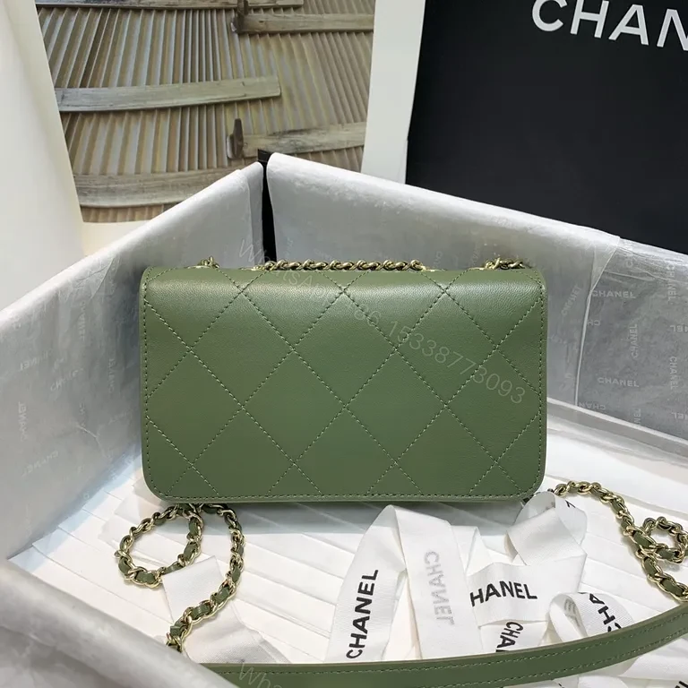 View 6 of Soft Green Quilted Shoulder Bag with Gold Chain