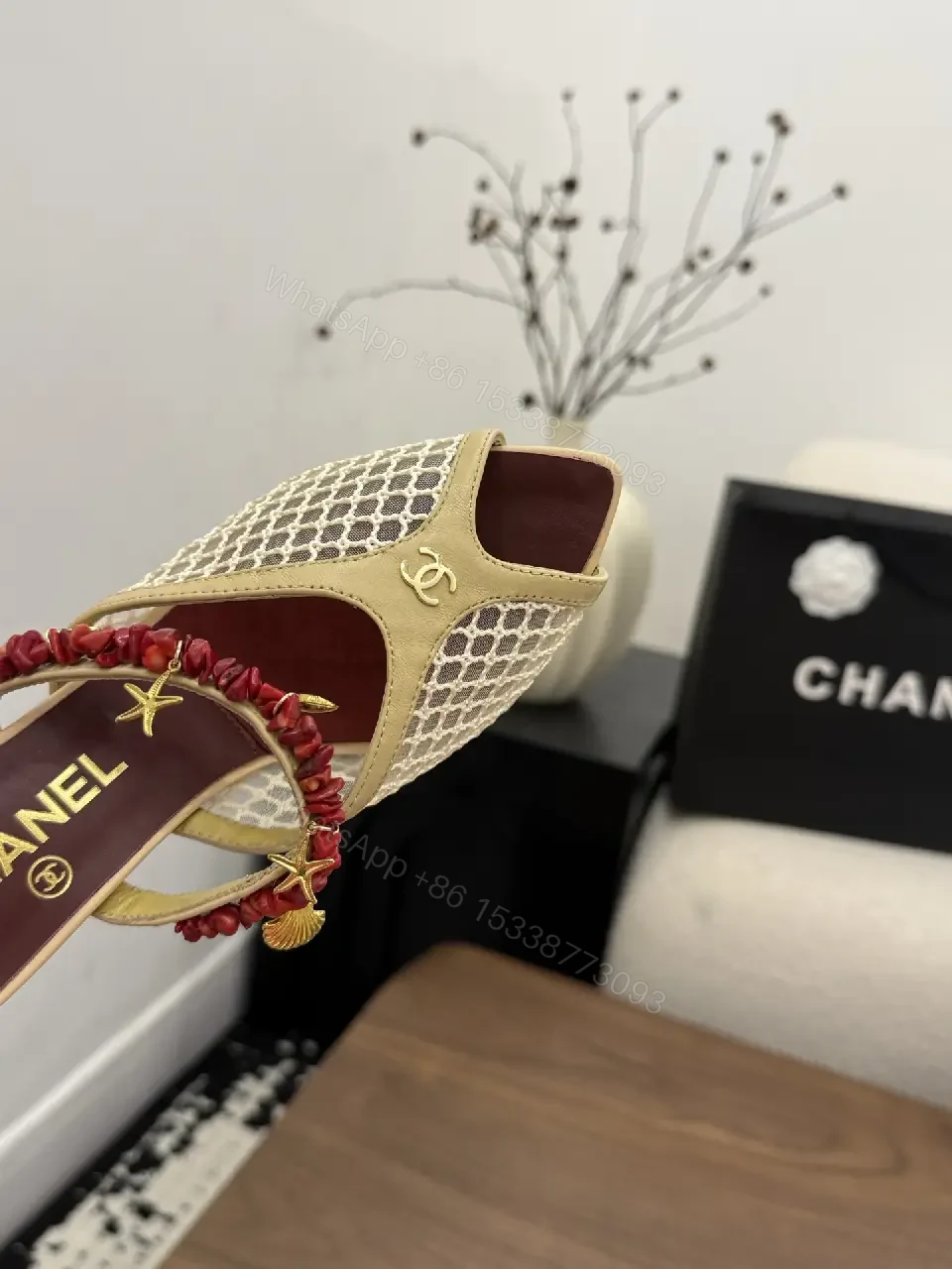 View 9 of Beige Mesh Leather Vintage Red Embellishments Chanel Heels