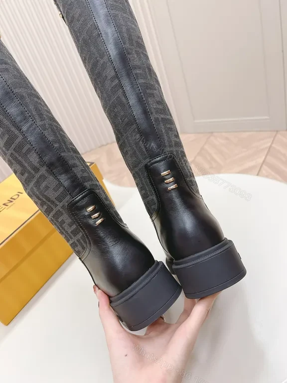 View 2 of Bold Leather Knee-High Boots: Textured Logo Jacquard Style