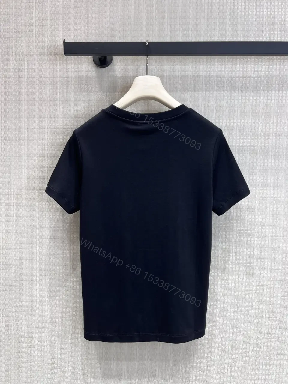 View 7 of Black Cotton T-Shirt with Embroidered Logo Chanel Style Tee