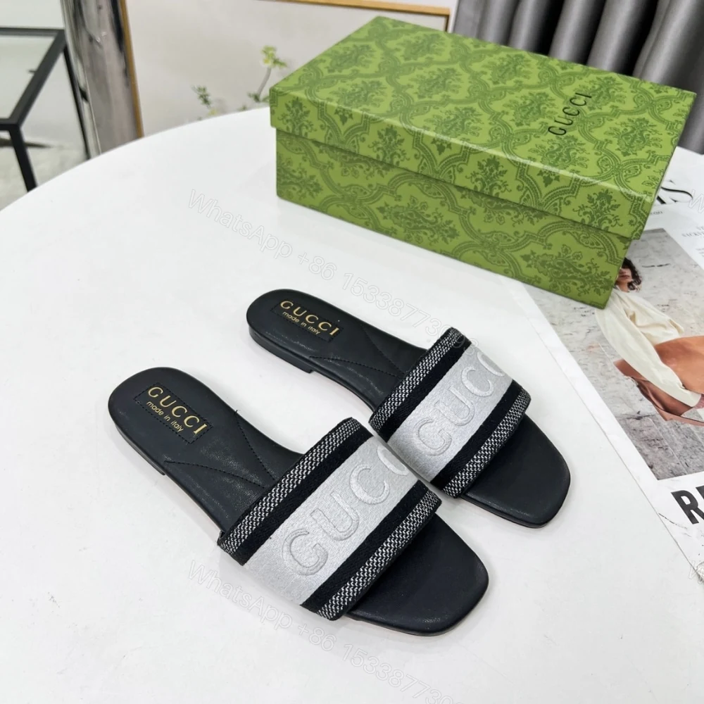View 4 of GUCCI WOMEN SLIDE SANDAL WITH WEB BLACK AND WHITE 817564 FAECG 8843