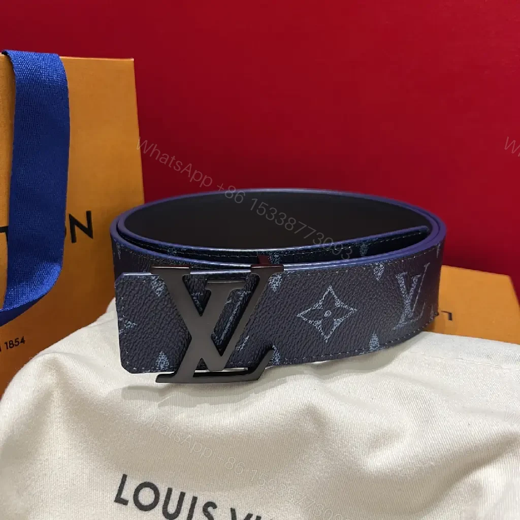 View 8 of Dark Blue/Black LV Patterned Canvas Belt with Bold Oversized Monogram Buckle