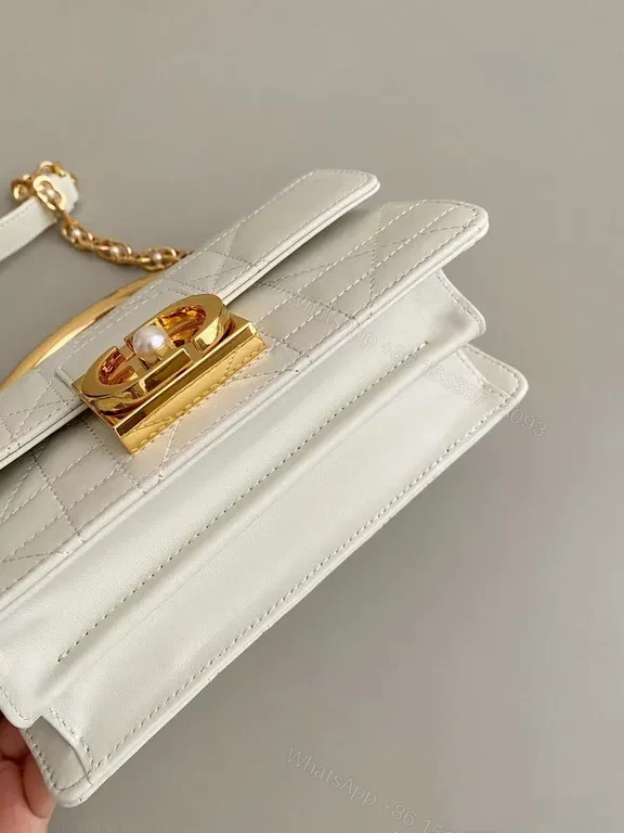 View 2 of Ivory Quilted Leather Handbag with Gold Hardware, Dior-inspired Elegant Compact Bag