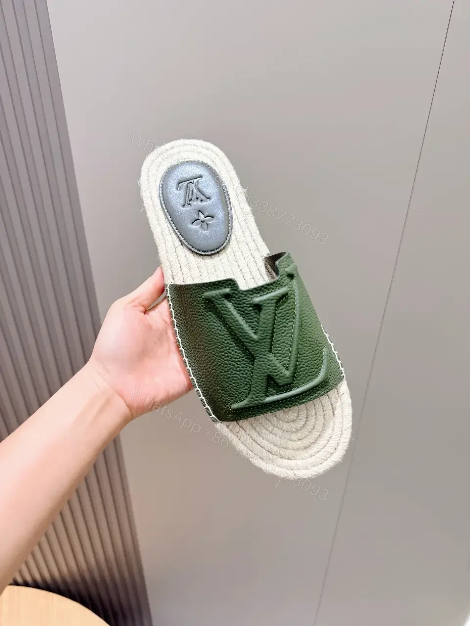 View 8 of Patterned Leather Slides – Embossed Crest, Contoured Comfort, Luxury Style