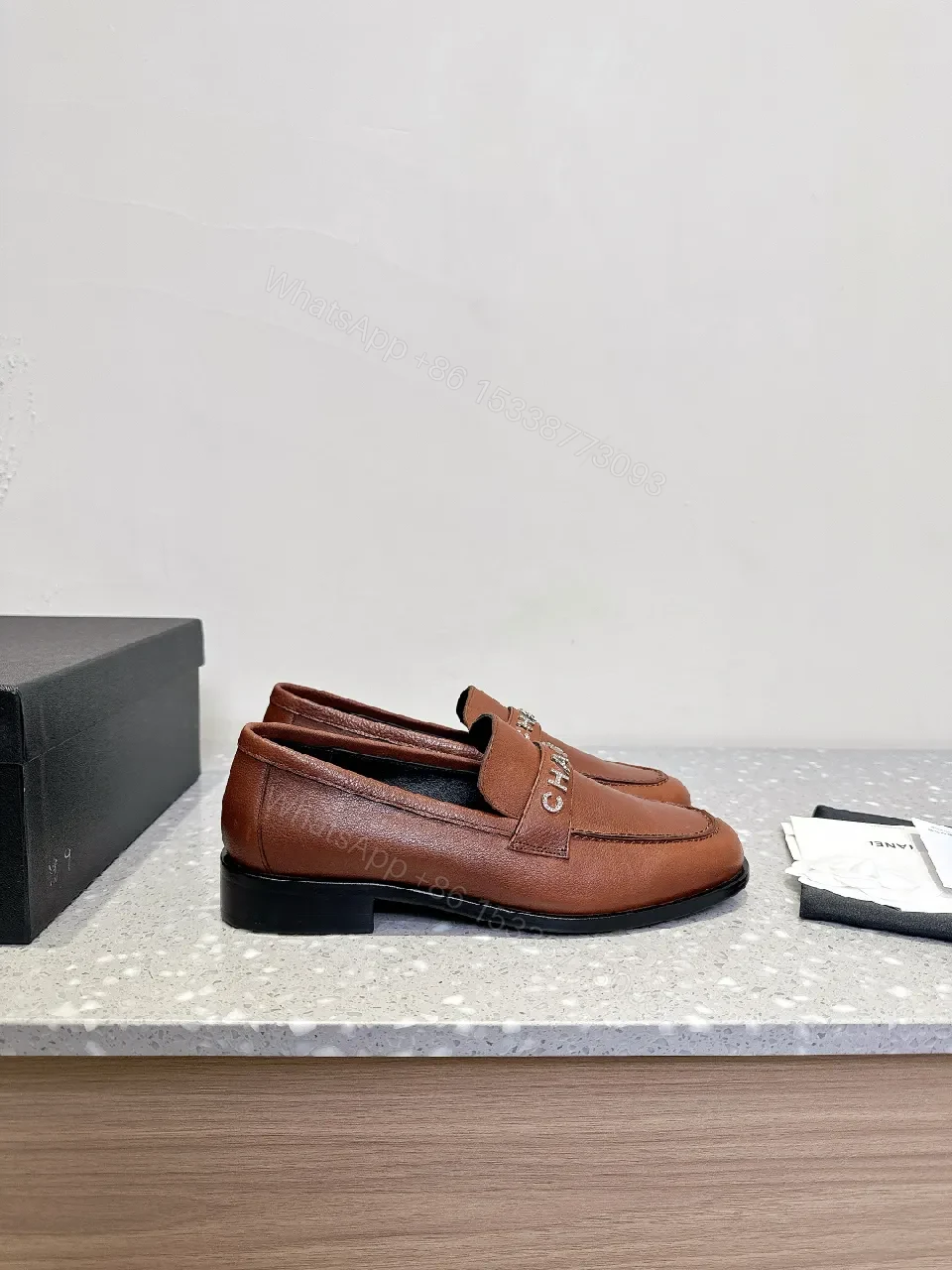View 7 of Caramel Leather Moccasin Loafers with Band Accent