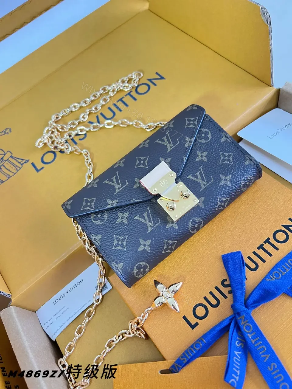 View 7 of Dark Brown LV Monogram Crossbody Satchel with Gold Chain Strap