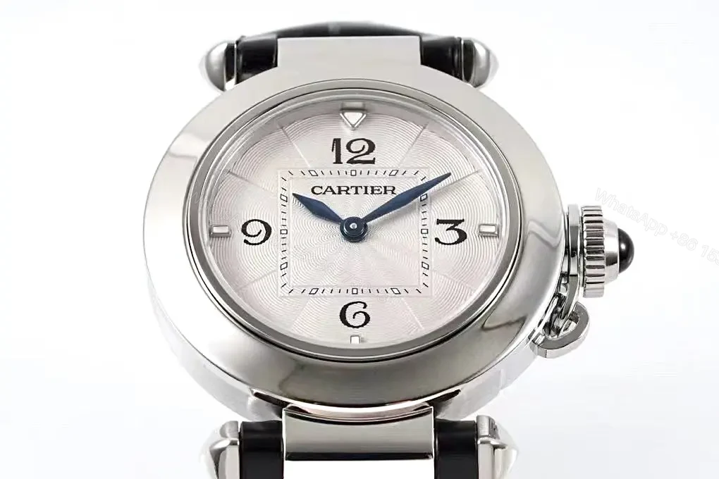 View 2 of Cartier Pasha de Cartier Women’s Watch – 30mm Silver Dial, Blue Hands, Black Leather Strap, Swiss Quartz Movement Cal.157