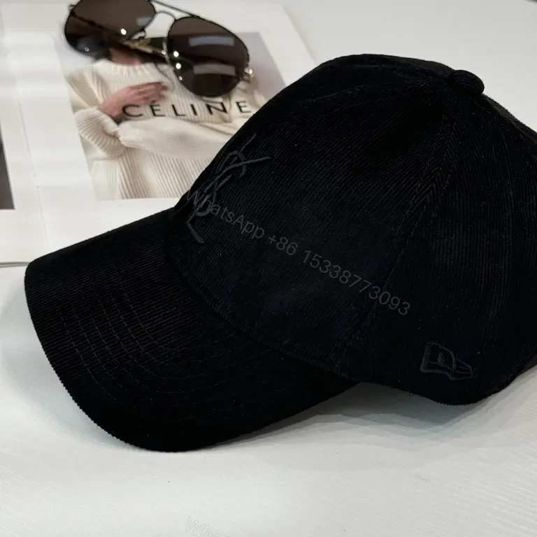 View 2 of Black Velvet Cap with YSL Monogram â€” Structured Luxury Cap