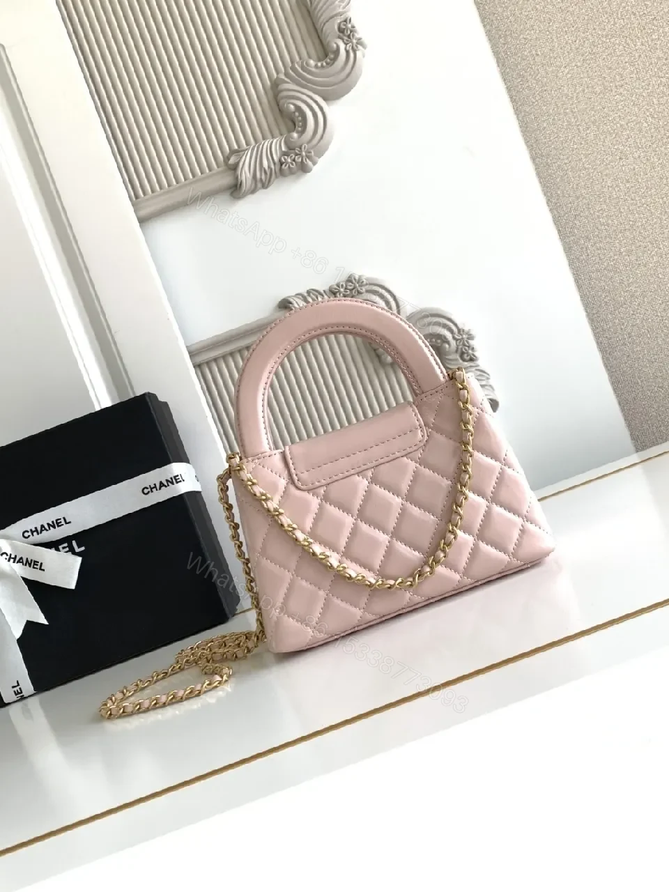 View 3 of Soft Pink Leather Quilted Mini Bag with Gold Hardware