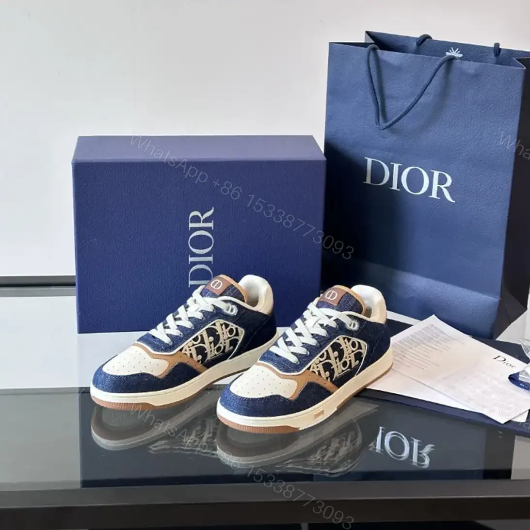 View 7 of DIOR B27 UPTOWN SNEAKERS BLUE DENIM WITH BEIGE AND COGNAC SMOOTH CALFSKIN – CD216