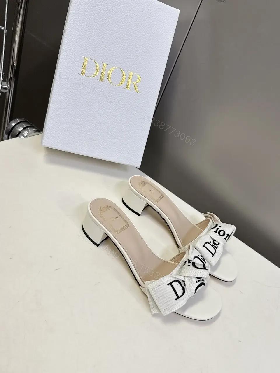 View 4 of White Leather Dior-Style Bow Sandals, Slip-On Heeled Slide
