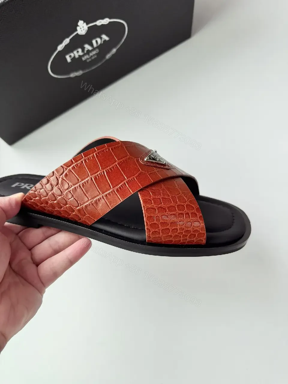 View 8 of Red Leather Crossed-Slip Prada Style Key Feature Sandals