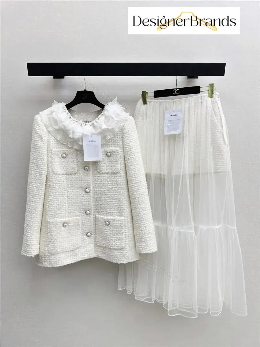 View 2 of Ivory Tweed Blazer with Ruffle Collar – Luxe, Structured Style