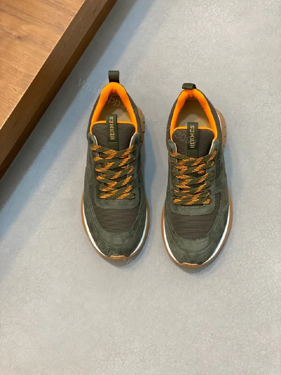 View 7 of Dark Olive Suede & Mesh Sneakers – Low-Profile Chevré Neon Accent