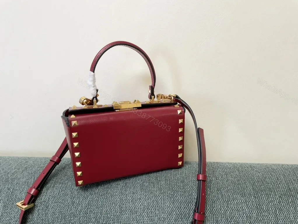 View 3 of Crimson Rockstud Box Bag: Red Calfskin, Luxury Crossbody