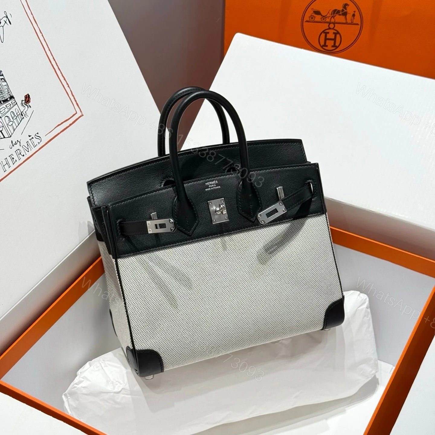 HERMES BIRKIN 25CM IN BLACK SWIFT WHITE TOILE CANVAS (CUSTOM-MADE) — view 1