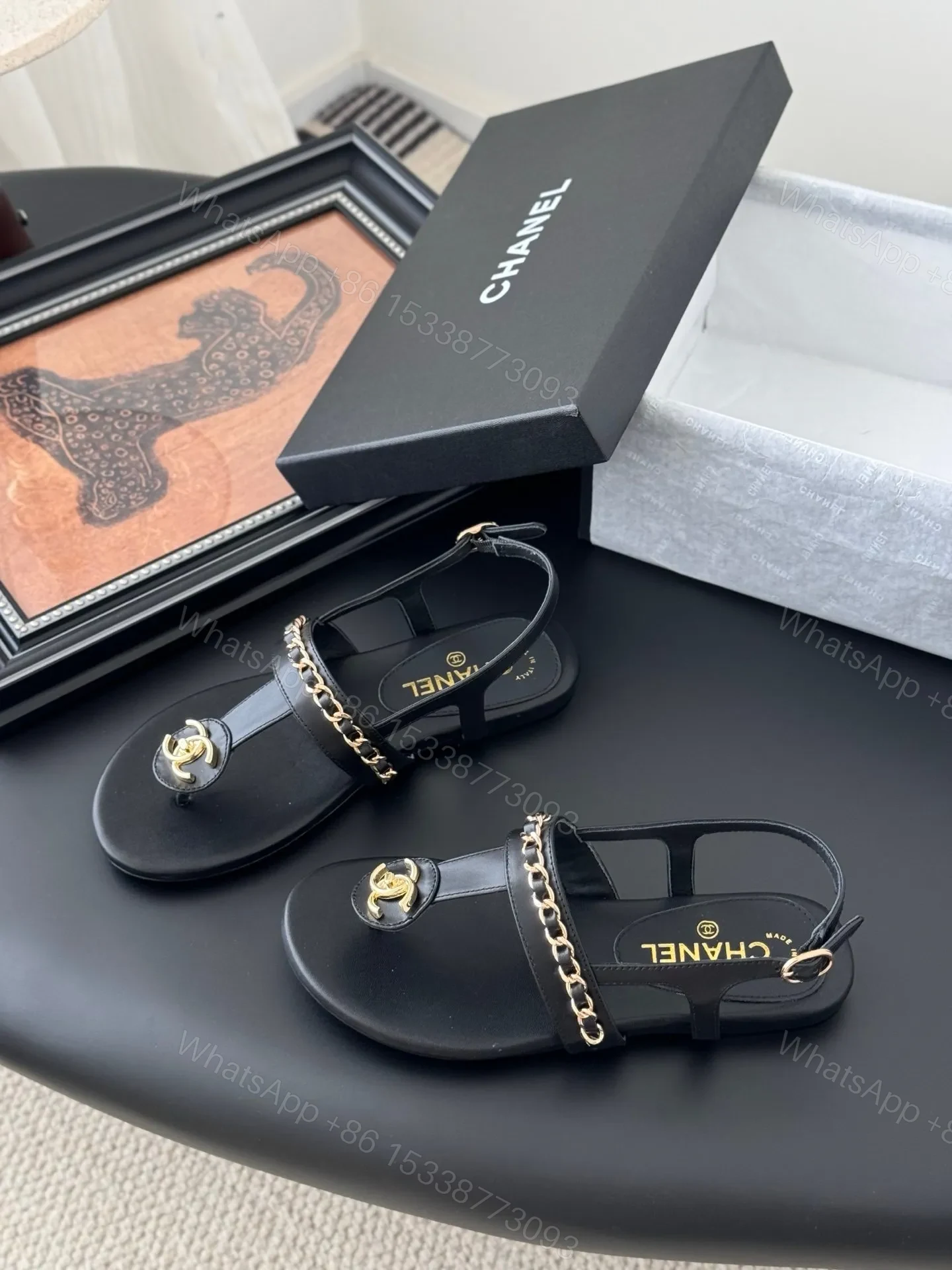View 2 of Chanel Women Black Leather Chain Detail Sandals