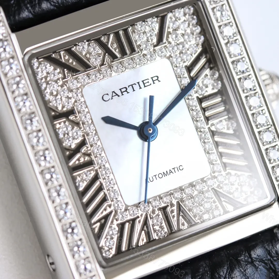 View 6 of AF Factory Cartier Tank MK3 Women’s Automatic Mechanical Watch – Silver with Diamond Bezel, Black Leather Strap