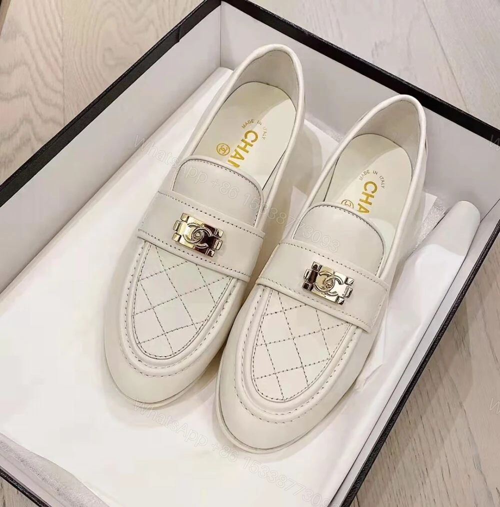 View 2 of Chanel 20B Quilted Boy Lego Metal CC Logo Gold Mule Slip On Flat Loafers White