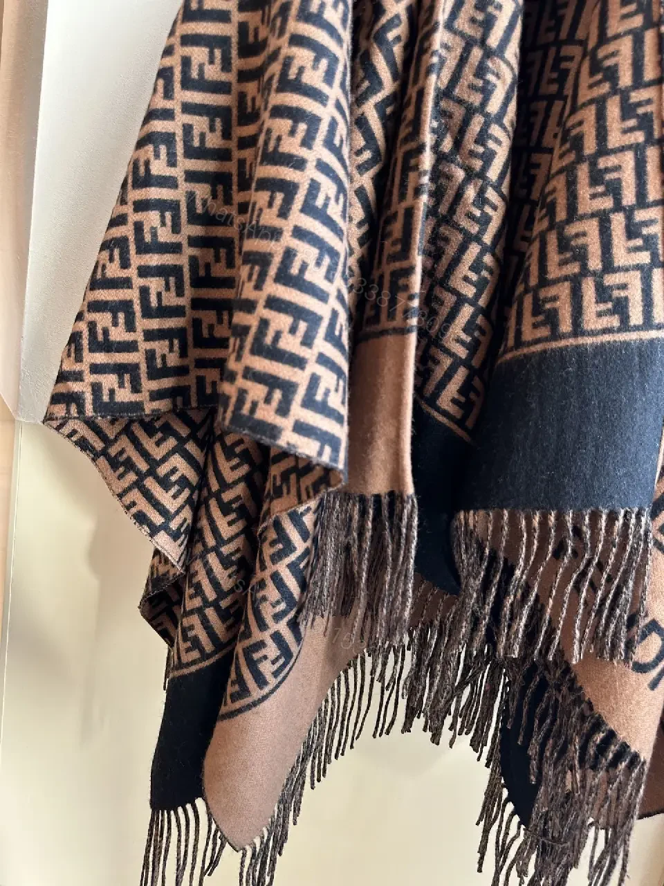 View 8 of Lux Knit Wrap: Monogram-Inspired, Two-Tone, Fringe Detail