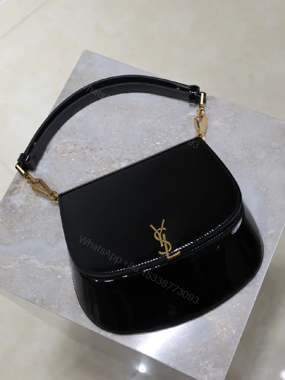 View 8 of Glossy Black Patent Leather Shoulder Bag with Gold Accent