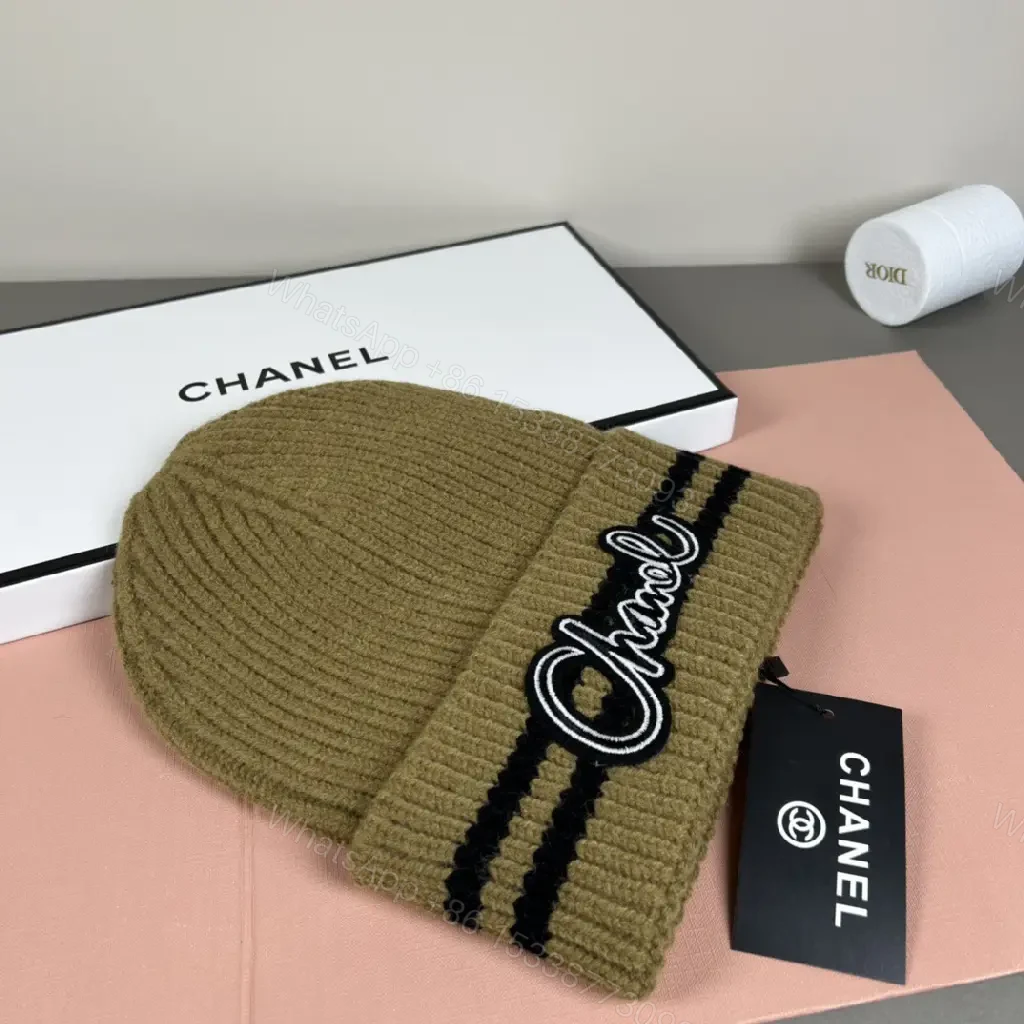 View 4 of Tan Knit Beanie Ribbed Knit Folded Cuff CHANEL Logo Embroidery Beanie