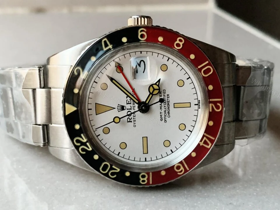 View 3 of VINTAGE Rolex GMT Master 6542 Black/Red Bezel White Dial A2836