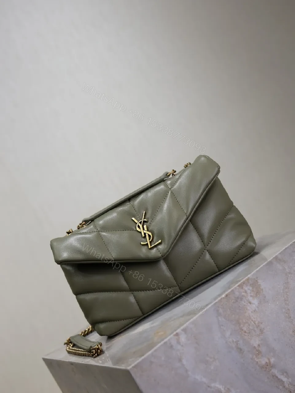 View 2 of Textured Olive Quilted Shoulder Bag with Gold Emblem, Compact Elegant Style