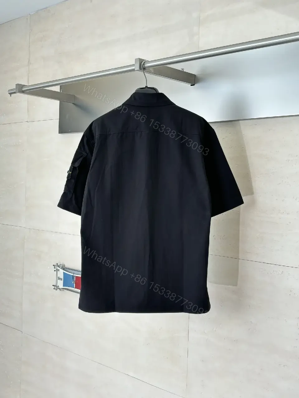 View 10 of Black Cotton Oversized Short-Sleeve Shirt with Pocketed Front, Military Style, Stone Island inspired