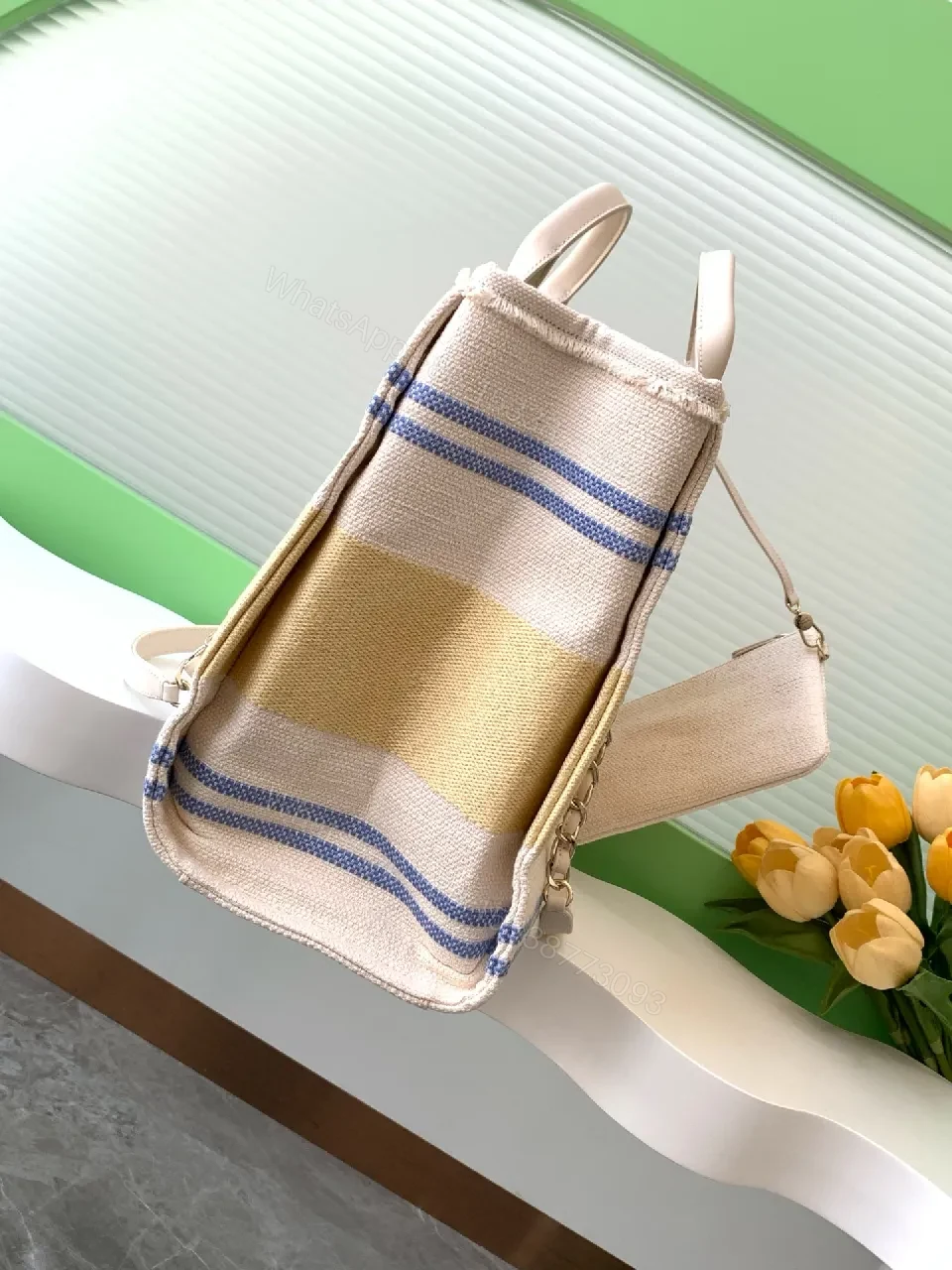 View 2 of Linen Tote: Structured Luxury with Subtle Stripe Accent