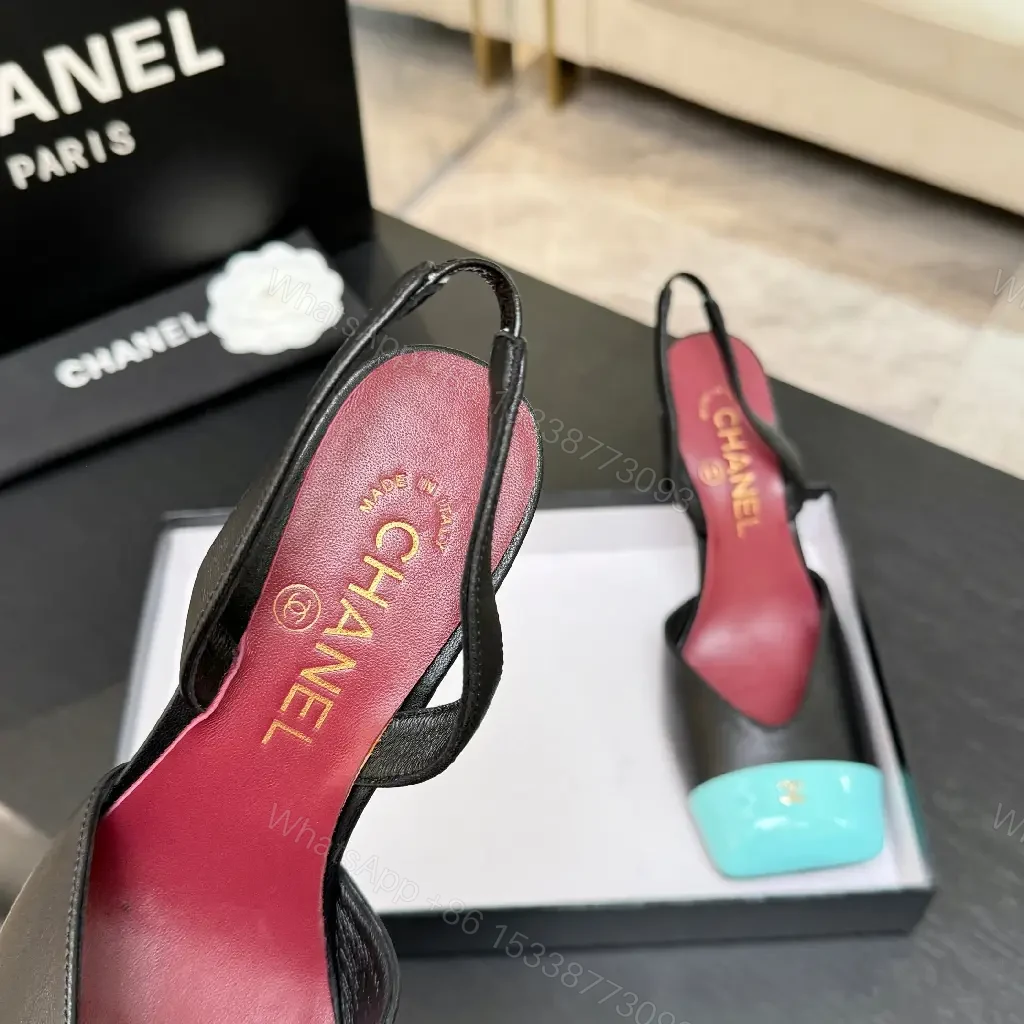 View 10 of Color-Block Leather Slingback Heels with Turquoise Toe Cap