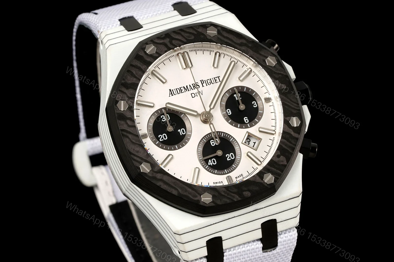 View 2 of Audemars Piguet Replica Royal Oak Chronograph 42MM Premium Carbon Bezel White Strap Edition AP-RO-CB-WHT-42