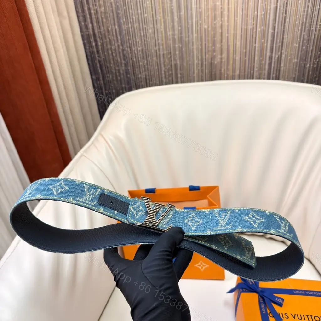 View 8 of Denim-Texture Belt with Gold Buckle - Casual Luxury Accessory