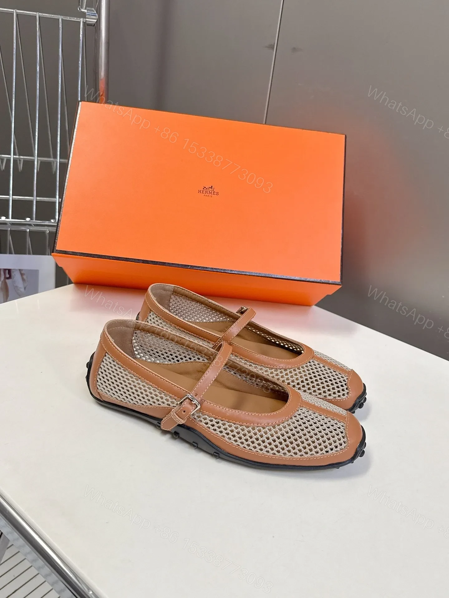 View 3 of Hermes Women Beige Leather Mesh Mary Jane Flats