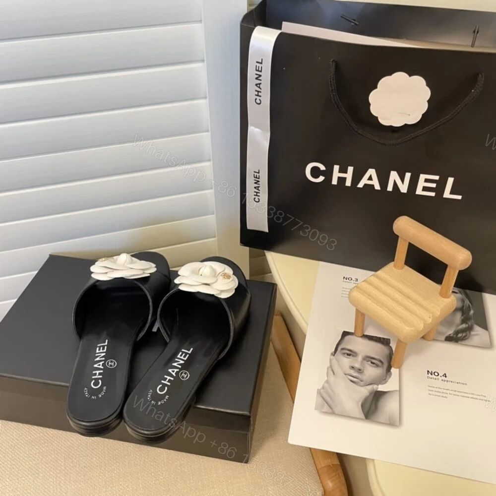 View 5 of Chanel White Camellia Slides Black