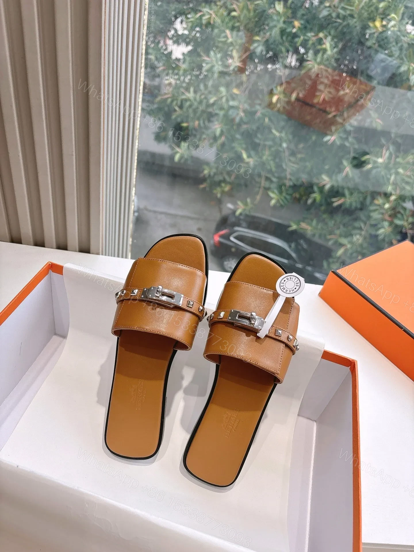 View 5 of Hermes Women Brown Leather Slide Sandals