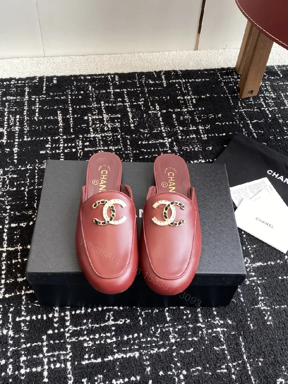 View 6 of Red Leather Mule, Gold Chain, Slip-On Chic, All-Day Comfort, Mule