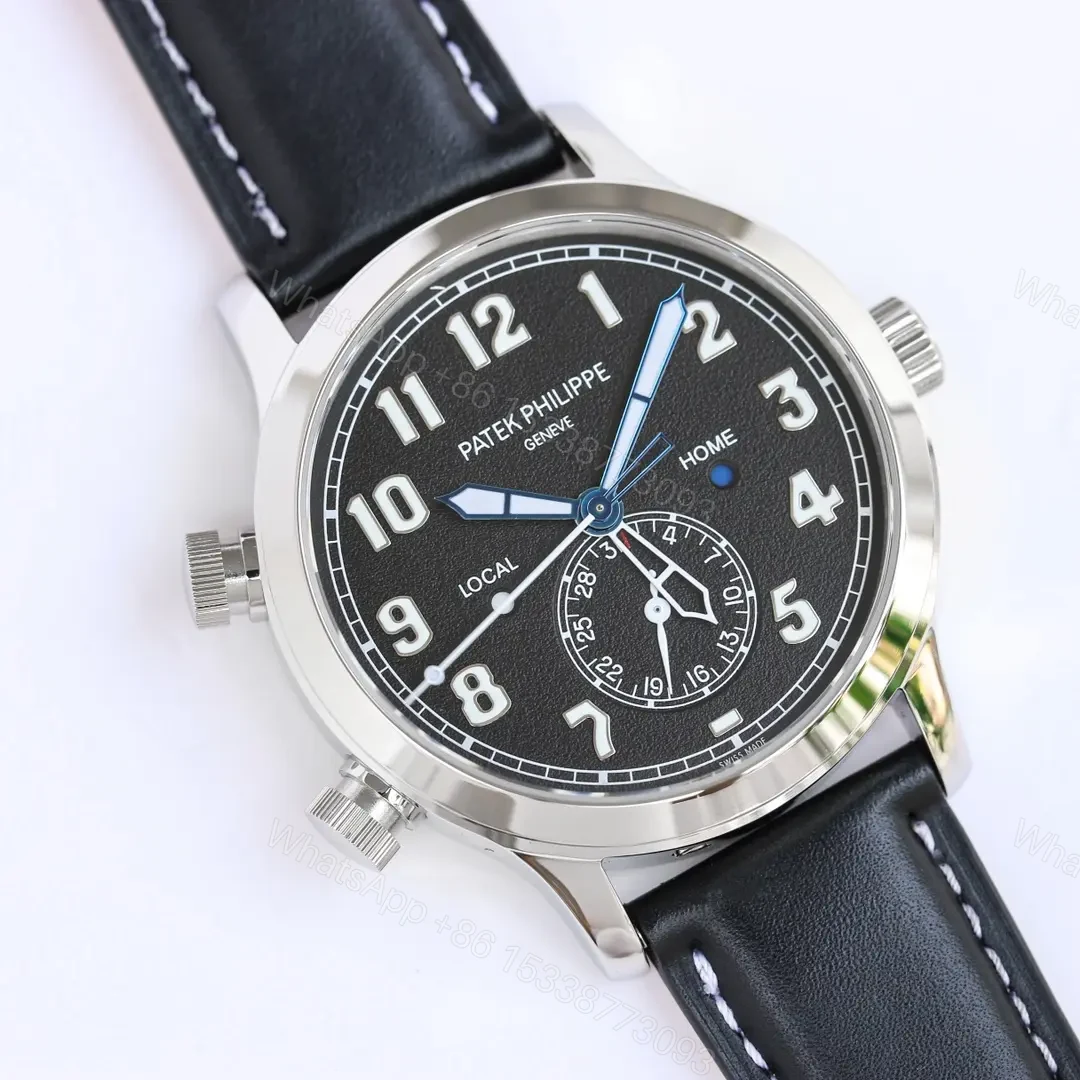 View 2 of Patek Philippe Calatrava Pilot Travel Time Watch Dual Time Zone Rose Gold Coffee/Deep Blue Dial 42mm Stainless Steel Case Blue Leather Strap