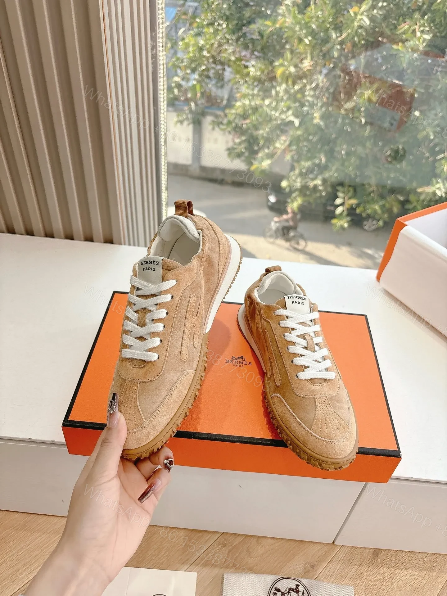 View 2 of Hermes Women Beige Suede Sneakers