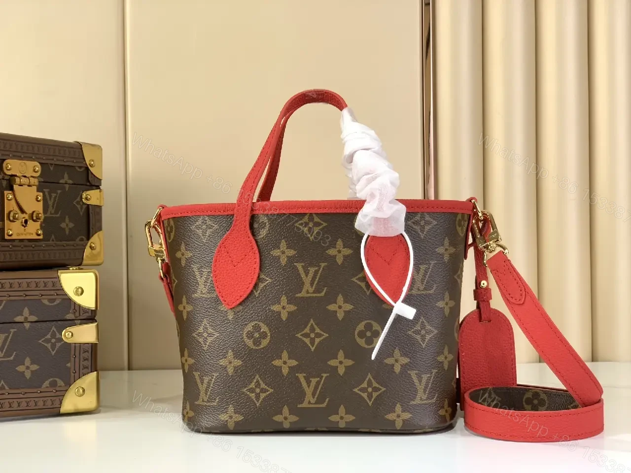 View 5 of Monogram Tote in Red Leather Trim, Structured Luxury Tote