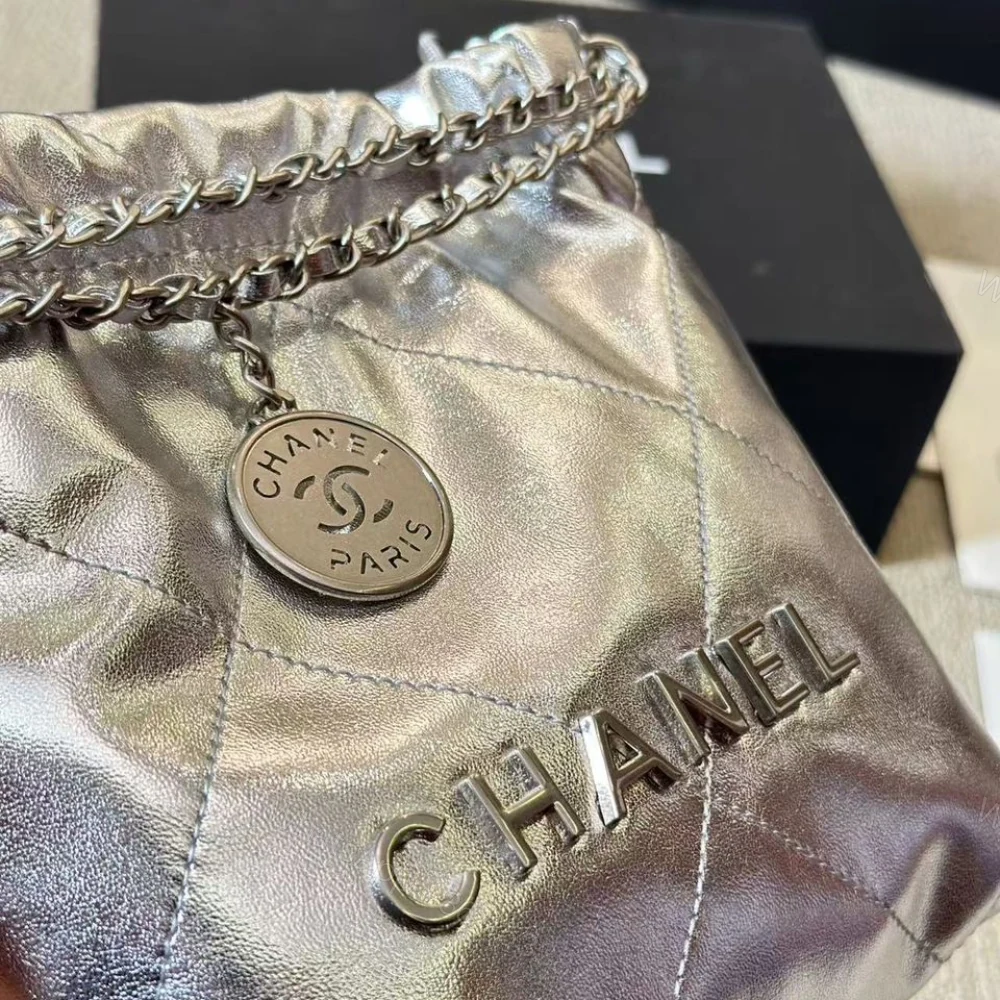 View 3 of Chanel 22 Mini Handbag Shiny And Gold Tone Metal Silver 20cm