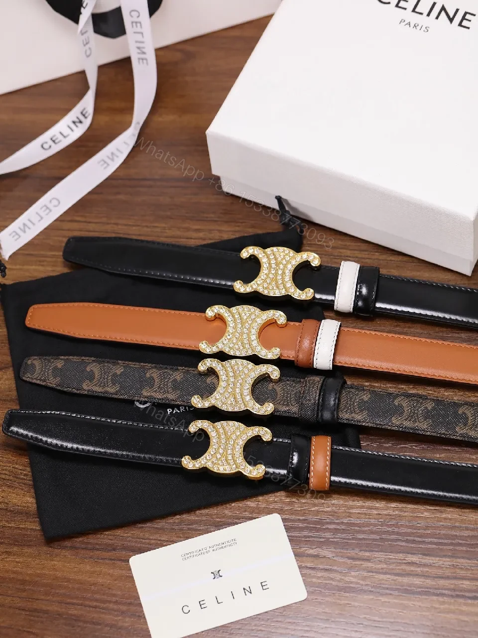 View 7 of Black Leather Belt with Gold Crystal Clasp Belt