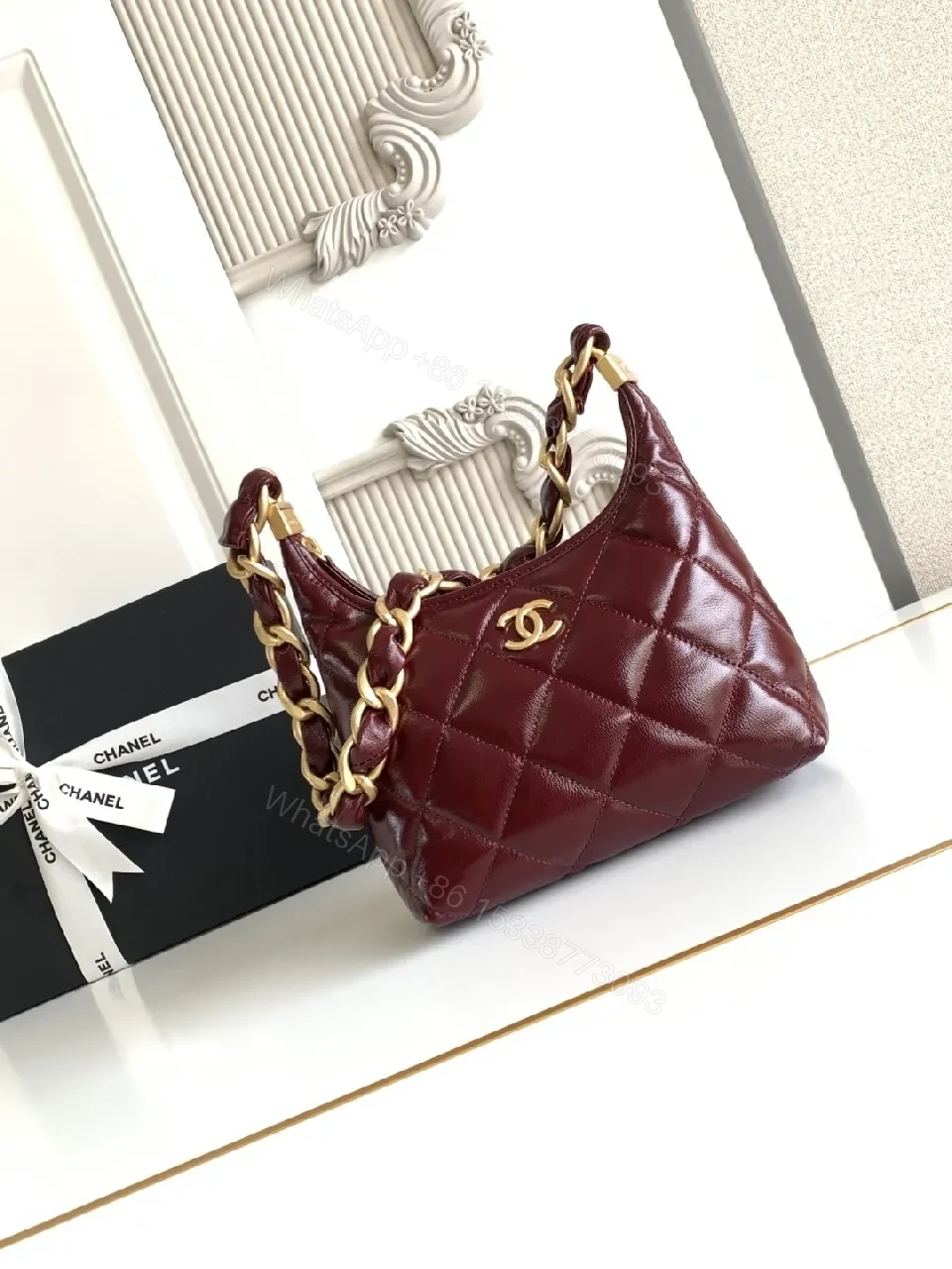 View 4 of Burgundy Quilted Mini Bag with Gold Chain Strap