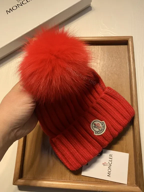 View 2 of Bold Red Knit Beanie with Plush Pom-Pom - Moncler Warmth