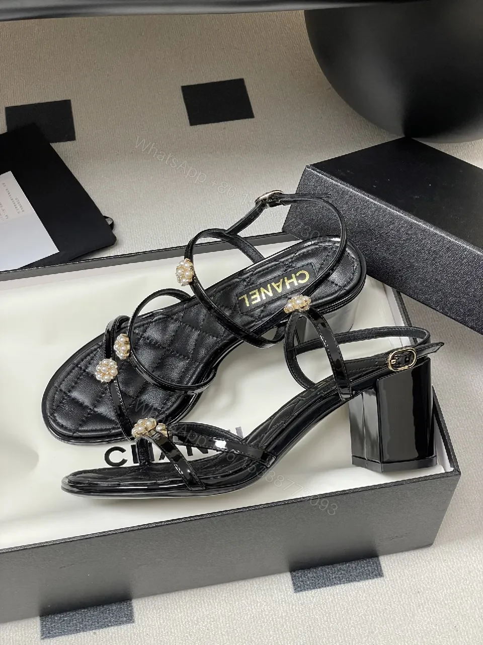 View 9 of Pearl-Embellished Quilted Strappy Sandals - Modern Glam Comfort
